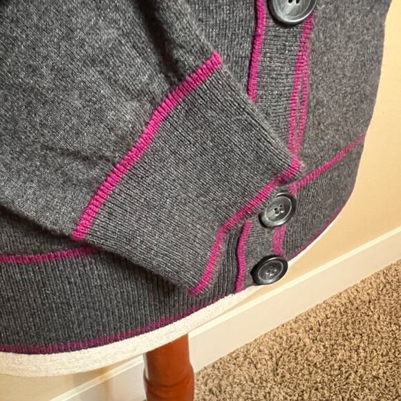 Theory Chelsea B cardigan sweater grey cashmere blend pink stripe detail Sz M - Picture 5 of 8